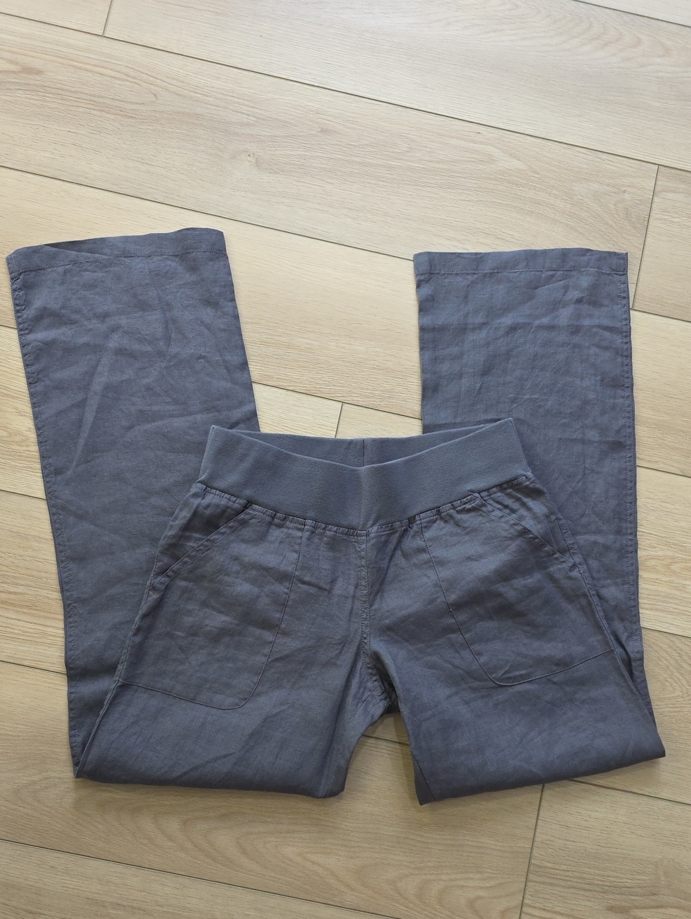 Allen Allen Charcoal Gray Elastic Waist 100% Linen Pants